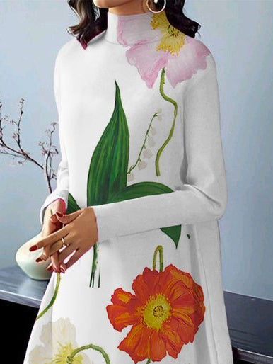 Flower Print Long Sleeves Loose High Neck Midi Dresses