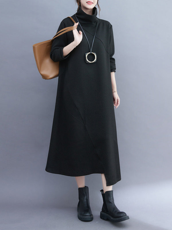Vintage Irregularity Long Sleeves Solid Color High-Neck Midi Dresses