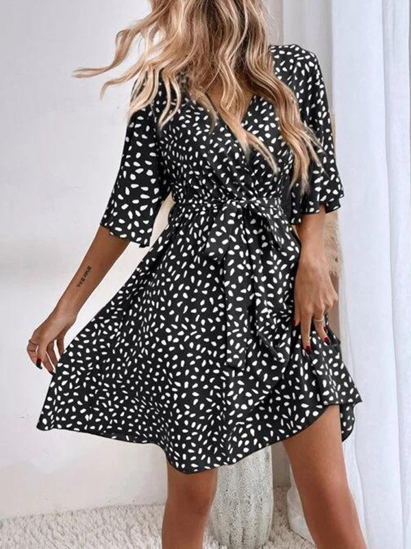 Half Sleeves Loose Pleated Printed Ruffled Tied Waist V-Neck Mini Dresses
