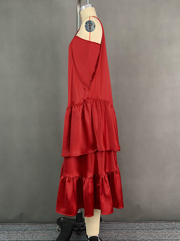 A-Line Loose Double Layered Pleated Solid Color Split-Joint Zipper Cold Shoulder Midi Dresses
