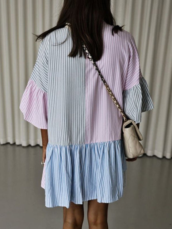Buttoned Contrast Color Pleated Split-Joint Striped Long Sleeves Loose Stand Collar Shirt Dress Mini Dresses