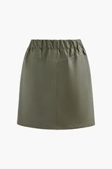 Drawstring Ruched Pocket Pleated Faux Leather Skirt