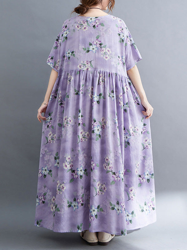 Vacation Short Sleeves Loose Floral Printed Round-Neck Midi Dresses