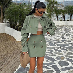 Kurzer Jackenrock Zweiteiliges Set für Damen Retro Button Slim Splice Minirock Weibliche Herbst Streetwear Passende Sets 