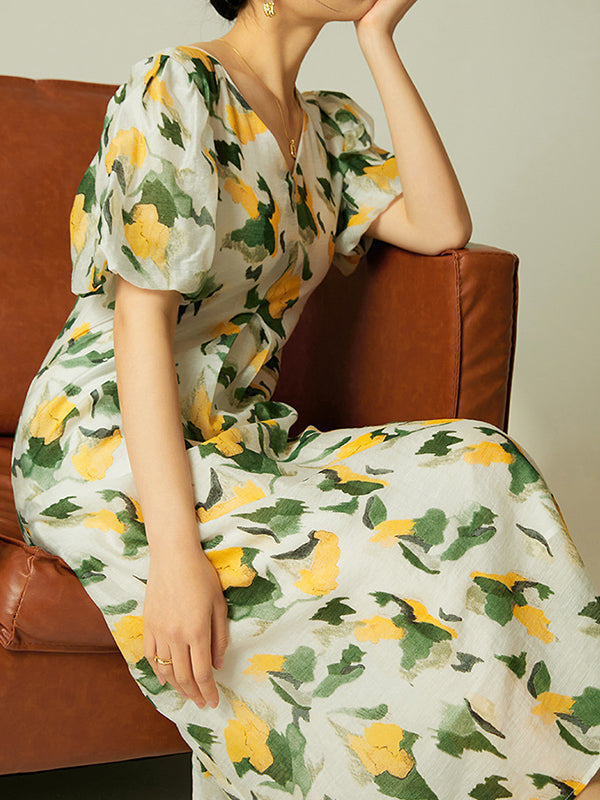 Pleated Printed Loose Puff Sleeves V-Neck Midi Dresses