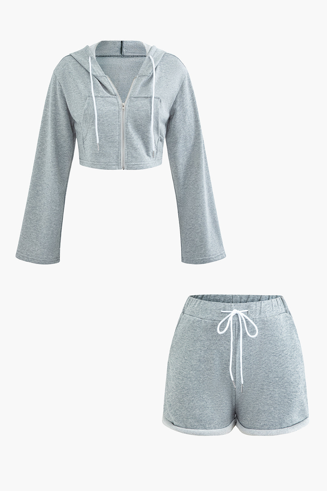 Zip-Up Crop Hoodie And Drawstring Rolled Hem Shorts Set