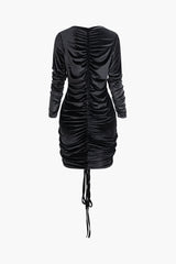 V-neck Ruched Velvet Drawstring Long Sleeve Midi Dress