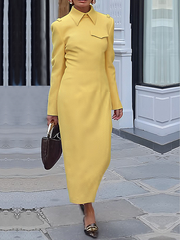 Long Sleeves Loose Solid Color Split-Joint Lapel Maxi Dresses