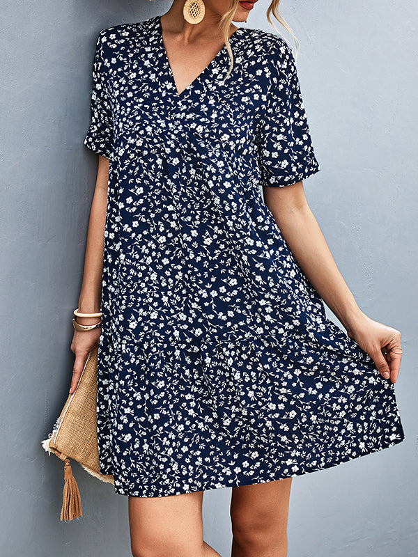 Short Sleeves Flower Print Split-Joint V-Neck Mini Dresses