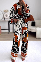 Casual Print Patchwork Buckle Turndown Collar Long Sleeve Two Pieces