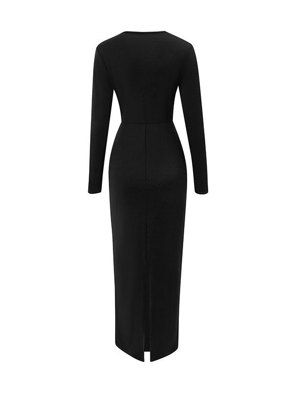 Bodycon Long Sleeves Bowknot Solid Color V-neck Maxi Dresses