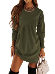 Casual Loose Long Sleeves Solid Color Round-Neck Mini Dresses