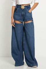 Casual Patchwork Metal Accessories Decoration Contrast High Waist Regular Denim Jeans