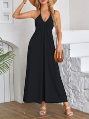 A-Line Loose Pleated Solid Color Split-Joint Deep V-Neck Maxi Dresses