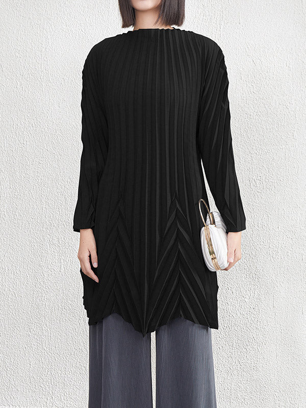 A-Line Long Sleeves Pleated Solid Color Round-Neck Mini Dresses