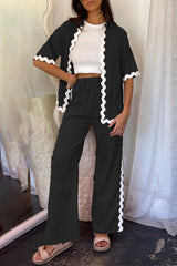 Casual Simplicity Solid Ripple Patchwork Boat Neck Long Sleeve Two Pieces