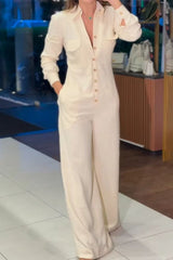 Casual Solid Color Pocket Turndown Collar Regular Jumpsuits