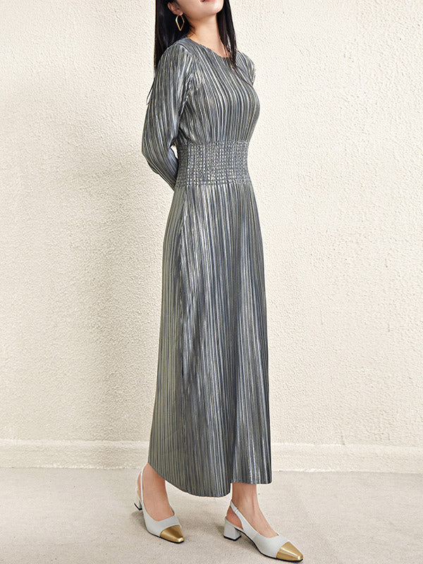 A-Line High Waisted Bronzing Pleated Shiny Solid Color Round-Neck Midi Dresses