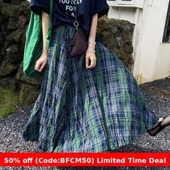 dream clothes Retro Plaid Pleated Large Swing Skirt Women's Autumn and Winter High Waist Elastic Long A- line Skirt