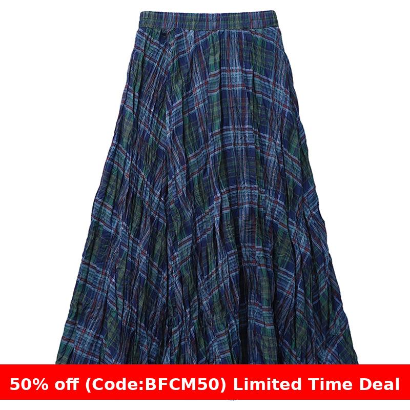 dream clothes Retro Plaid Pleated Large Swing Skirt Women's Autumn and Winter High Waist Elastic Long A- line Skirt
