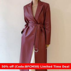 black sweater dress outfit Chic Autumn Retro Suit Collar Single-Breasted Lace-up Waist over-the-Knee Long PU Leather Trench Coat for Women