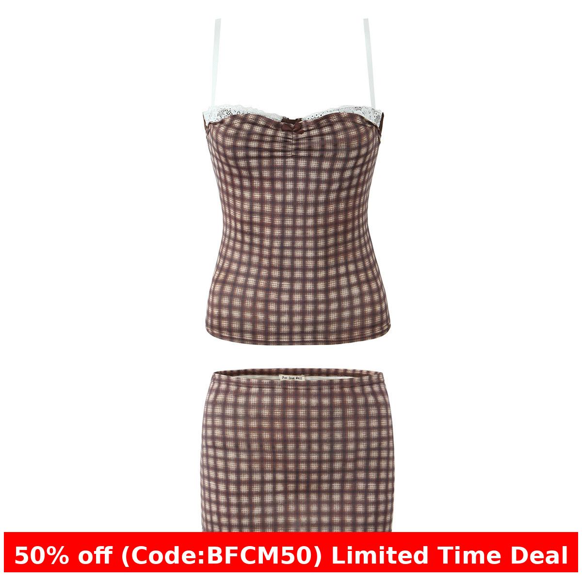 schwarzes Pulloverkleid-Outfit Hot Girl Suit Damen 2025 Herbst Vintage Plaid Lace Stitching Kleines Camisole + Etuirock mit niedriger Taille