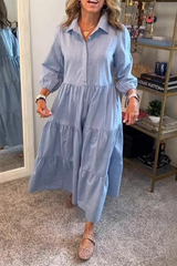 Casual Solid Color Buttons Ruffle Turndown Collar A Line Dresses