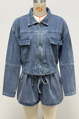 Casual Pocket Zipper Turndown Collar Long Sleeve Two Pieces