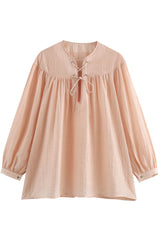 Casual Solid Color Lace Up O Neck Blouses