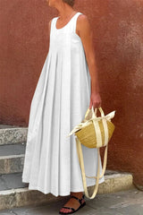 Casual Solid Color Pleated O Neck Sleeveless Dresses
