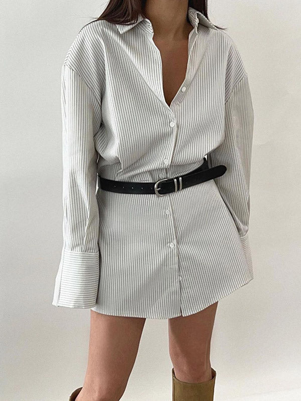 Buttoned Striped Flared Sleeves Long Sleeves Lapel Shirt Dress Mini Dresses