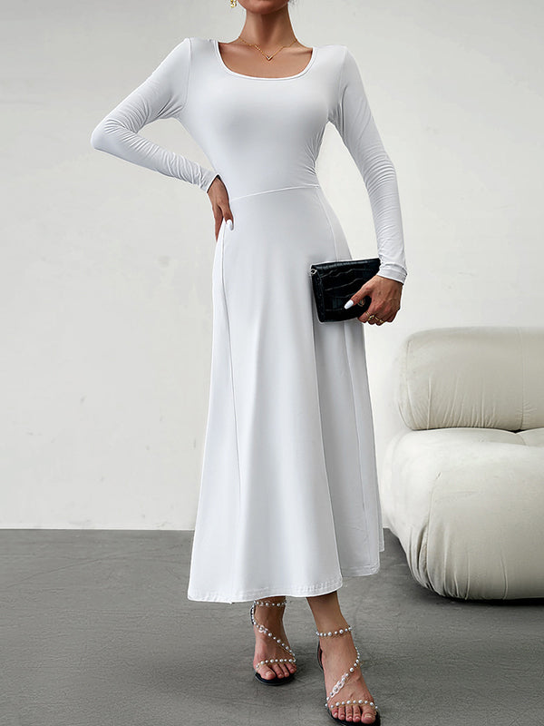 A-Line High Waisted Solid Color Tied Waist U-Neck Midi Dresses
