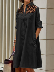 Long Sleeves Loose Gauze See-Through Solid Color Split-Joint Lapel Midi Dresses Shirt Dress