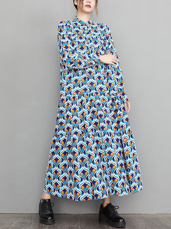 Vintage Long Sleeves Loose Buttoned Contrast Color Printed Stand Collar Midi Dresses