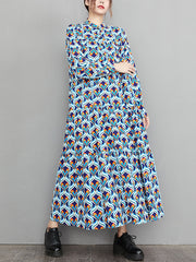 Vintage Long Sleeves Loose Buttoned Contrast Color Printed Stand Collar Midi Dresses