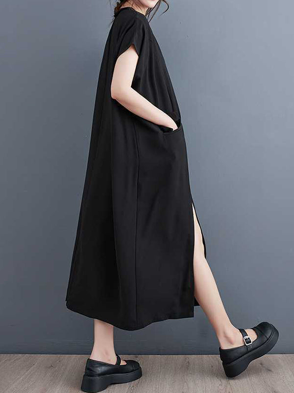 Solid Color Split-Front Split-Joint A-Line Loose V-Neck Midi Dresses