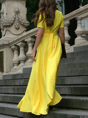 Half Sleeves High Waisted Solid Color Tied Waist V-Neck Maxi Dresses