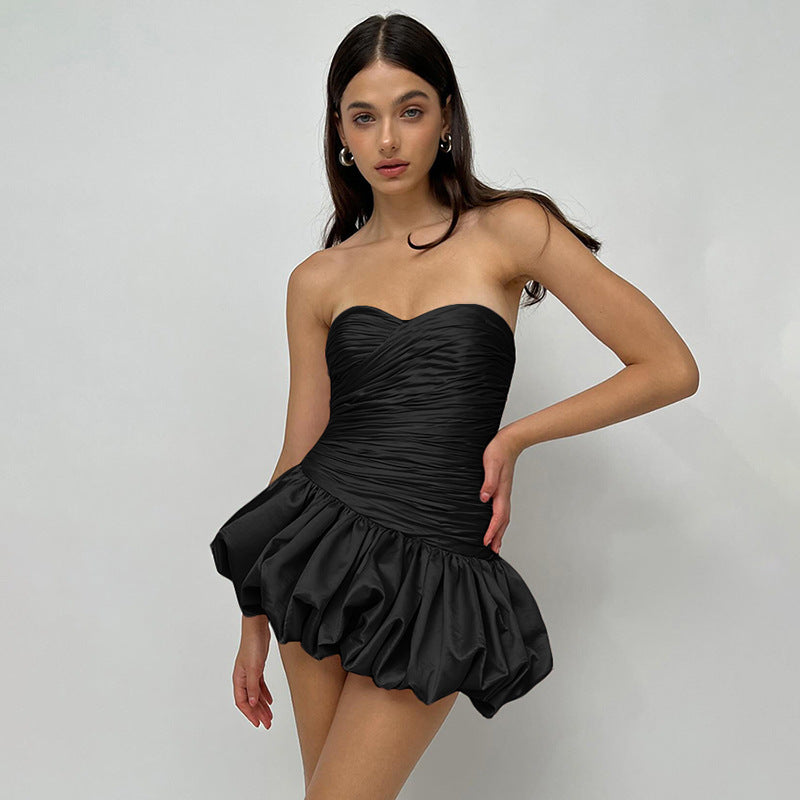 Sexy Strapless Backless Bud Dress For Women Folds Hem Solid Color Patchwork High Waisted Birthday Party Summer Dress NewChristmas Gifts