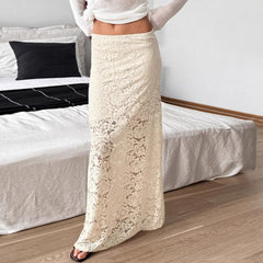 Elegant Lace See-through Long Skirt Women's Sexy Patchwork Skirt Solid Casual Loose High Waist Slim Retro Long Skirt Y2k