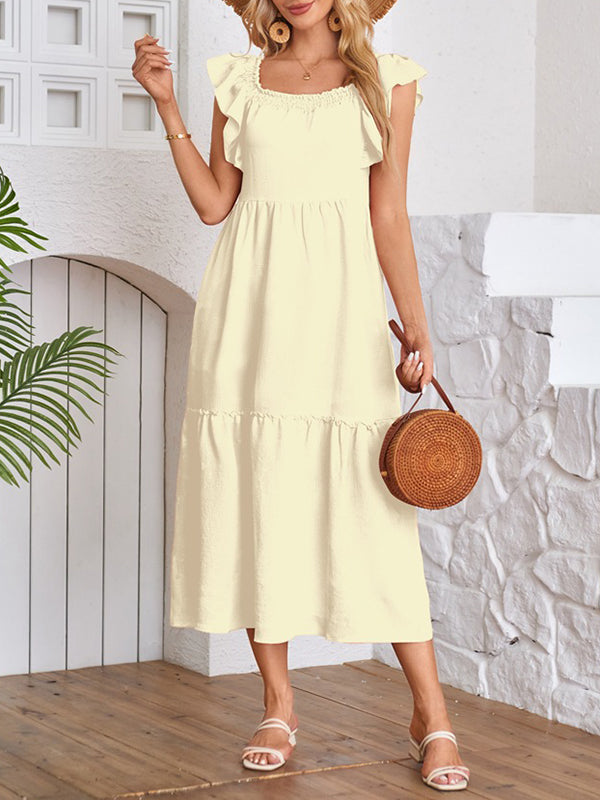 A-Line Loose Elasticity Pleated Ruffled Solid Color Split-Joint Off-The-Shoulder Midi Dresses