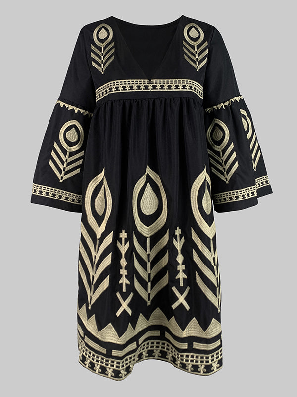 Embroidered Split-Joint Flared Sleeves Loose Deep V-Neck Mini Dresses