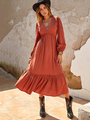 Vacation Puff Sleeves A-Line Solid Color Deep V-Neck Midi Dresses