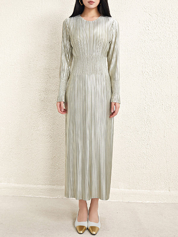 A-Line High Waisted Bronzing Pleated Shiny Solid Color Round-Neck Midi Dresses