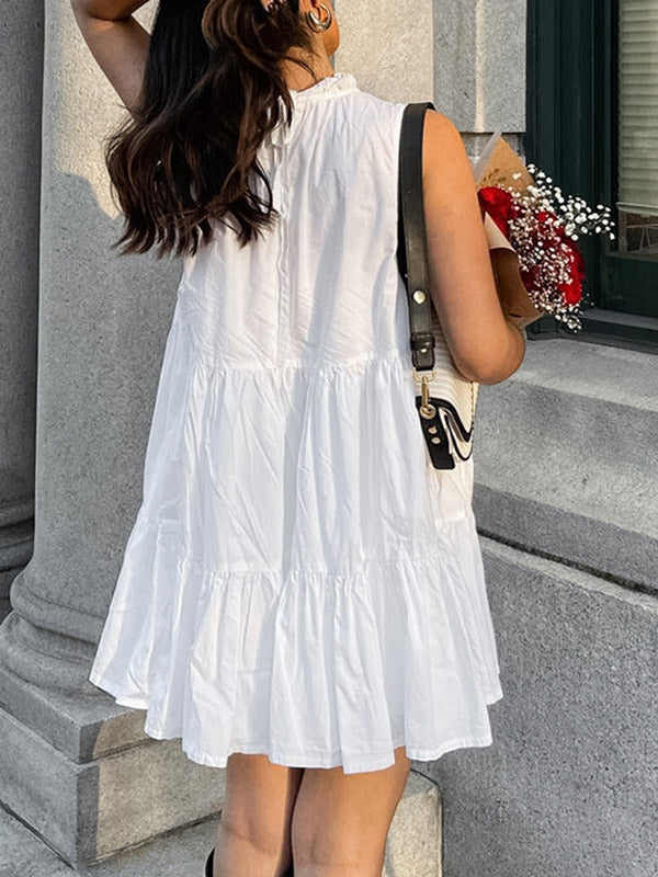 Pleated Ruffled Solid Color Split-Joint A-Line Loose Round-Neck Shirt Dress Mini Dresses