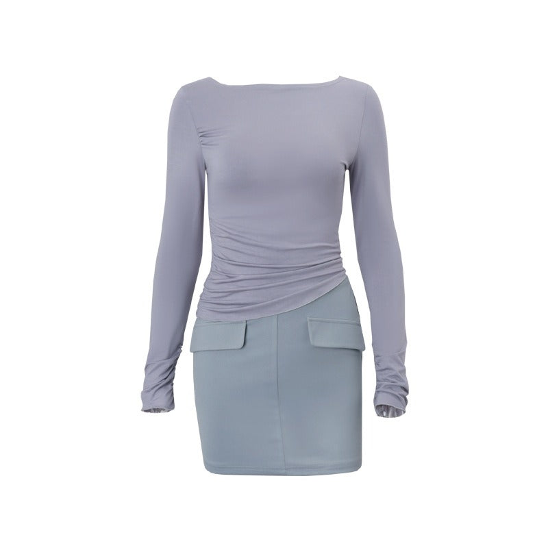 Damenrock 2-teilig Solid Slim Langarm O-Ausschnitt Oberteil Taschen Sexy Enges Hüftbedeckungsrock-Set Streetwear Lady Rock-Set 