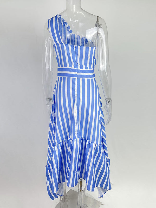 High Waisted Loose Asymmetric Hollow Pleated Pockets Split-Joint Striped Zipper One-Shoulder Midi Dresses