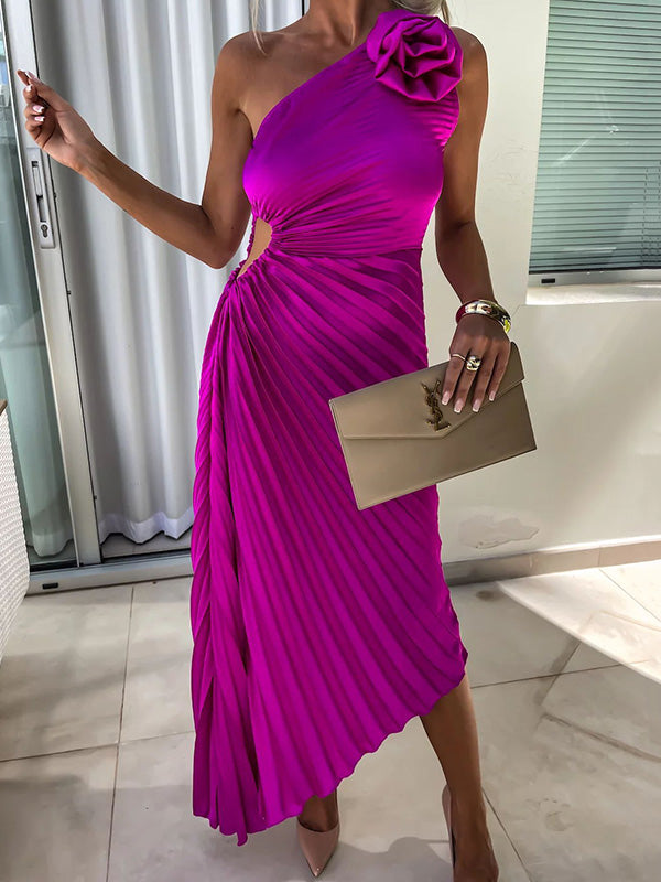 Solid Color Off-The-Shoulder Sleeveless Flower Asymmetric Pleated Maxi Dresses