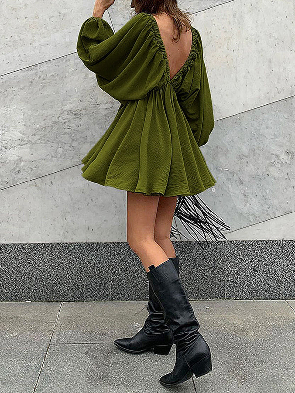 Long Sleeves Loose Elasticity Solid Color V-back Deep V-Neck Mini Dresses