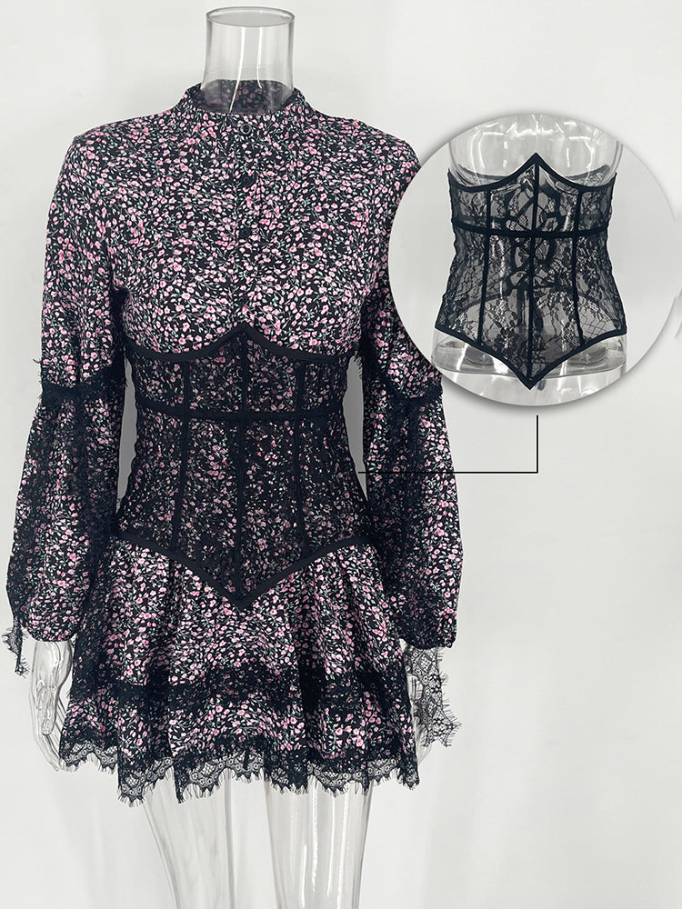 V-Neck Printed Mini Lace Dress Female Ruffled Fashion High Waist Long Sleeve Splice Contrast Slim Fit Bandage Party DressChristmas Gifts