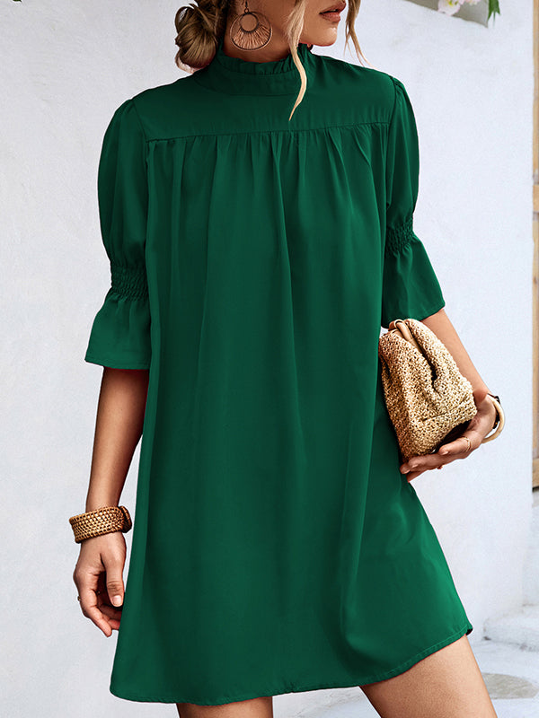 Half Sleeves Loose Solid Color High-Neck Mini Dresses